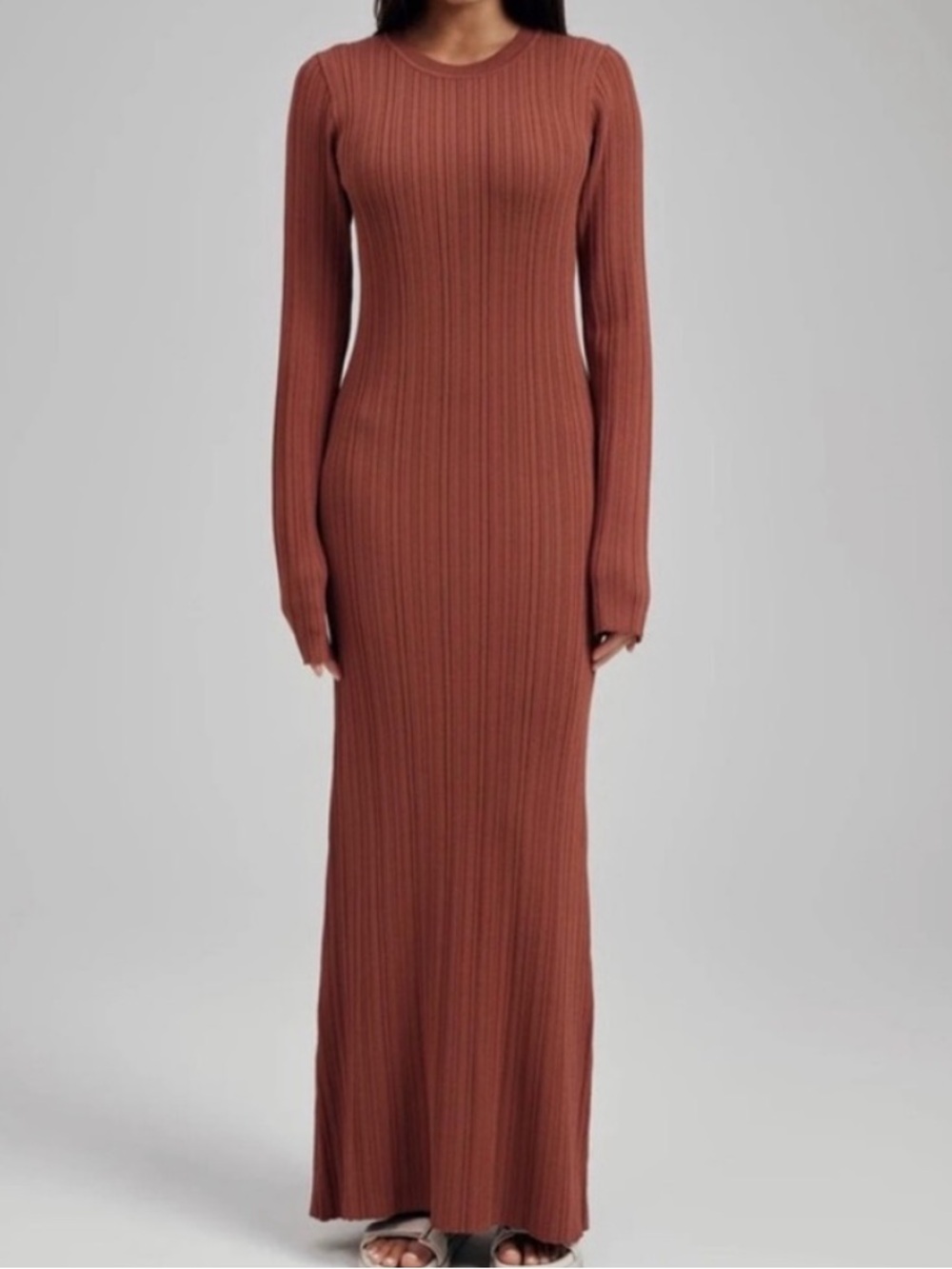 Slim Ribbed Long-Sleeve Maxi Dress in Rust